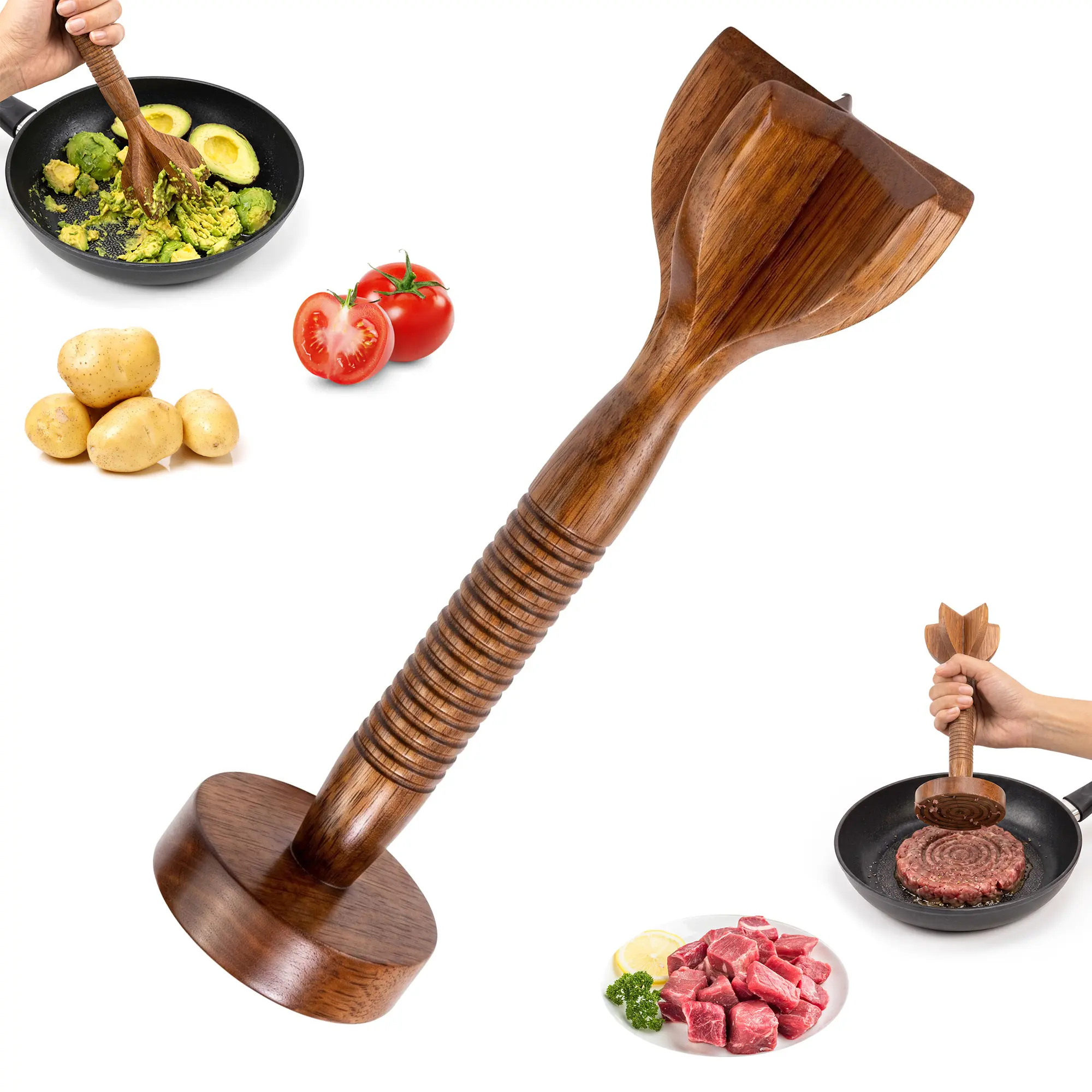 Viking Factory Upgraded 2-in-1 Teak Wood Meat Chopper and Masher - Dual-Head Burger Patty Press with Star-Shaped Blade, Non-Stick Cookware-Safe, Ideal for Ground Meat Chopping, Potato Mashing, Natural Eco-Friendly Kitchen Tool