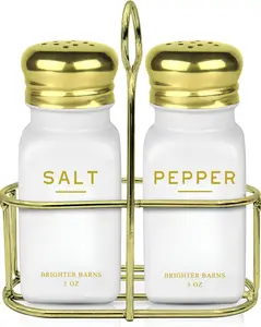 Gold Salt and Pepper Shakers Set with Holder - Modern Kitchen Essentials, White and Gold Kitchen Accessories - Vintage Glass Shakers with Caddy for Restaurant, Airbnb (White/Gold)