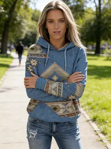 Women's Everyday Bohemian Hoodie with Vibrant Aztec Print, Soft Long Sleeve Pullover Featuring Kangaroo Pocket and Drawstring for a Casual Relaxed Fit