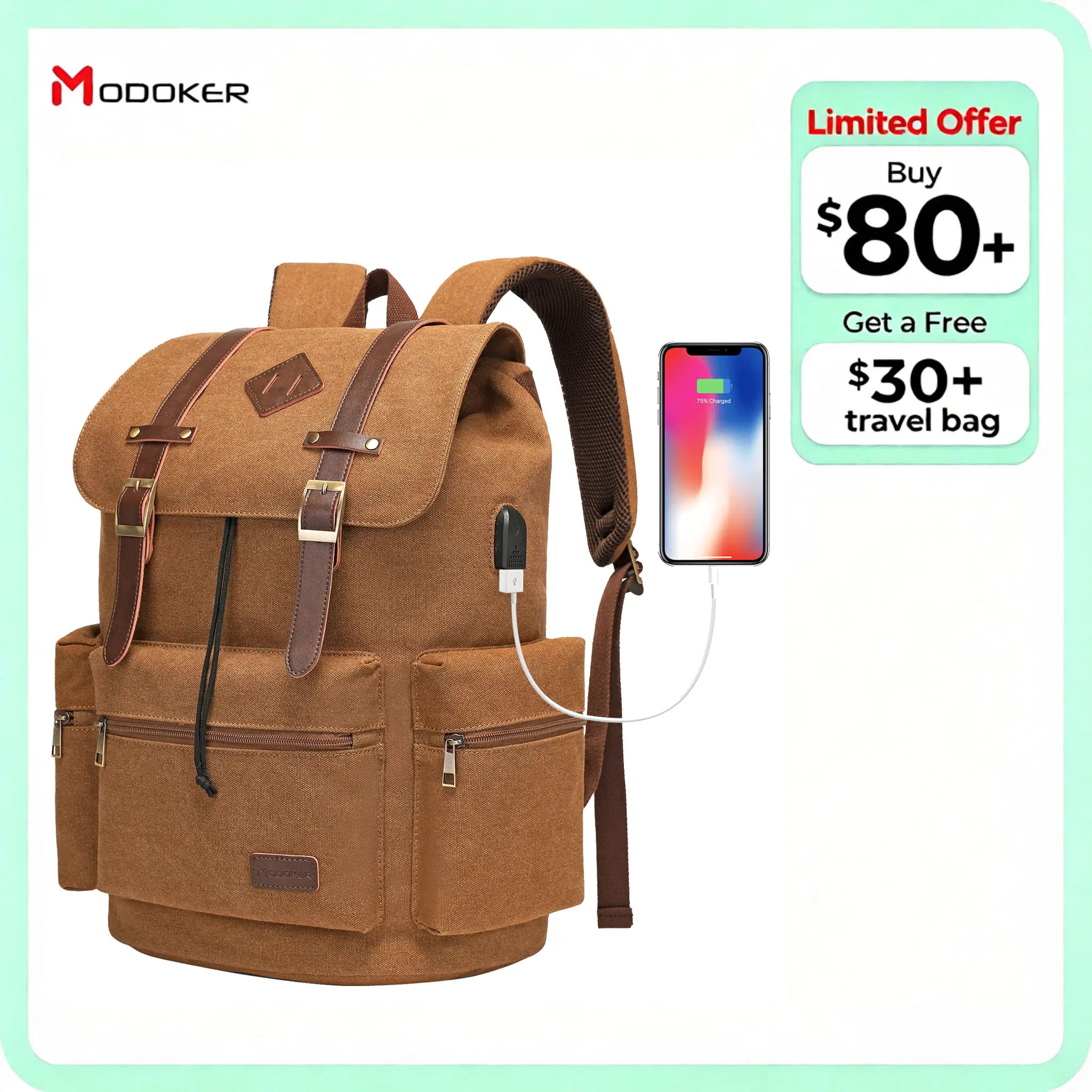 Modoker Mens Canvas Vintage Backpack for Men,Women, Fashion Travel Laptop Backpack Fits 17/15.6 Inch Computer & Tablet, Large Bookbag Rucksack Backpack with USB Charging Port TikTokShopBackToSchool