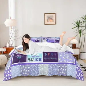 Feelyou Ice Skating Duvet Cover Set - Polyester Fiber Geometric Patchwork Plaid, Purple Watercolor Speed Skater Design, Machine Washable, Multi-Size Kids' Room Decor Bedding Set (Machine Wash Compatible)
