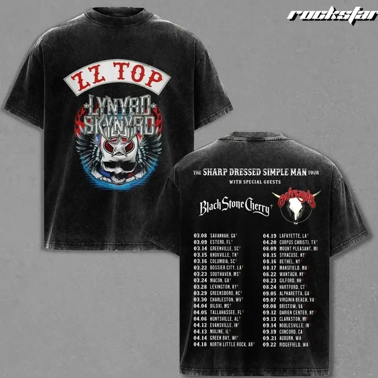 Lynyrd Skynyrd ZZ Top Tour Washed Graphic T-Shirt Black - Vintage Oversized Heavyweight Cotton Tee with Skull Design and Tour Dates Back, Comfortable Streetwear Gift, Oversize Shirt, y2k styles, Vintage Outfit, Gift for fan 3CN