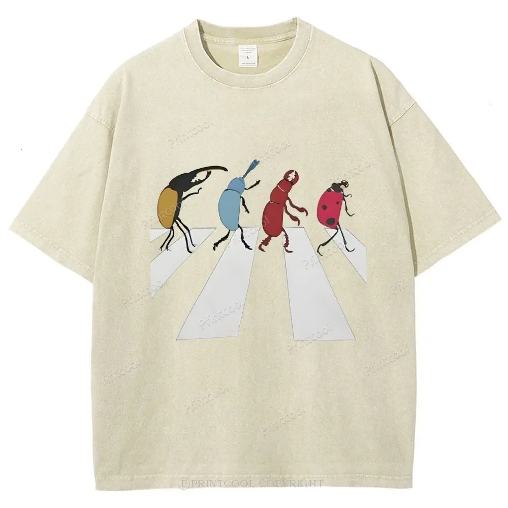 Beetles Crossing The Road In Cartoon Style Unisex Vintage Tee, Unisex Vintage Tee, Vintage Coloful Tee - Oversized Shirt - Natural & Animal Planet Unisex Streetwear