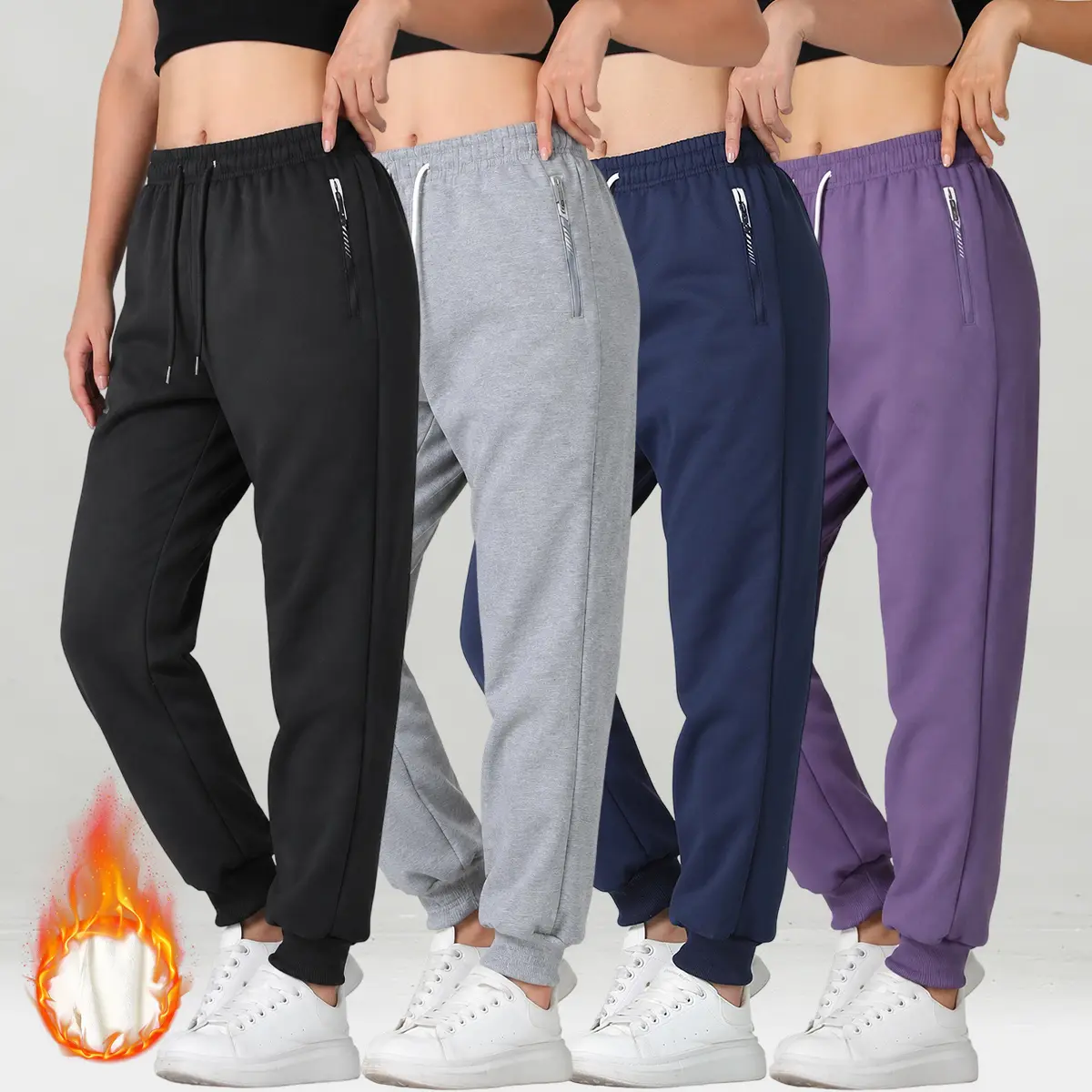 Women’s 4-Pack Autumn/Winter Polyester Casual Wear Joggers, Thick Fleece-Lined, Elastic Waistband, Cuffed Hems, Zip Pockets, Warm Casual Pants