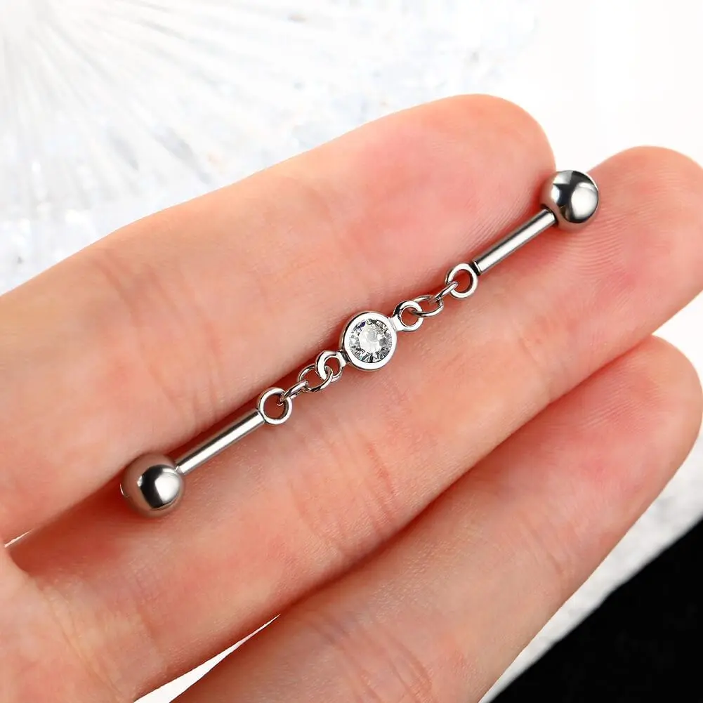 OUFER 14G Industrial Barbell with Bling Chain, Rhinestone Cartilage Piercing for Women, 316L Stainless Steel Body Jewelry, Cute Piercing Jewelry, Female, Cubic Zirconia, Daily Wear, Industrial Chain Look With Elegance, Casual, Everyday, High-Quality Mater