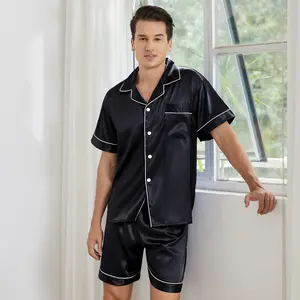 Men’s boat-style printed satin pajama set, two-piece outfit featuring a short-sleeve collared shirt and long pants; casual and comfortable, suitable for all seasons.