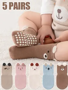 5 Pairs Children Socks Baby Walking Socks Non-Slip Indoor Floor Socks Cartoon Pattern Newborn Baby Socks Boys Short Socks Animal Cartoon All Seasons