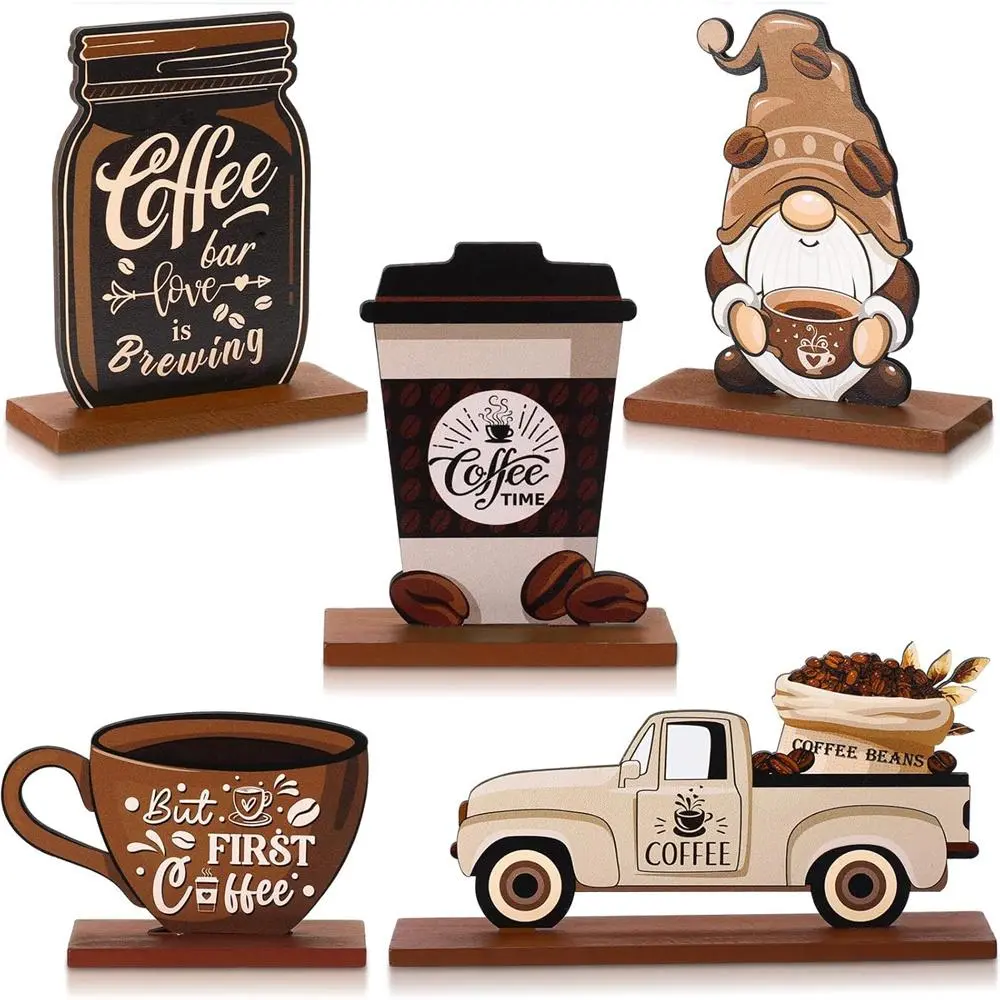 Coffee Bar Decoration Sign, 5 Counts/set Wooden Coffee Bar Sign, Desktop Decoration Sign for Home Kitchen Coffee Shop, Creative Desktop Decoration, Novelty Desk Decor, Home Business Decor, Home Decor Products