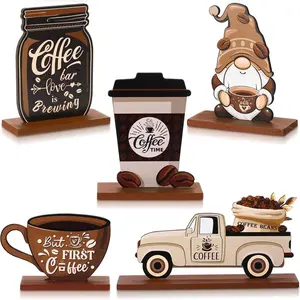 Coffee Bar Decoration Sign, 5 Counts/set Wooden Coffee Bar Sign, Desktop Decoration Sign for Home Kitchen Coffee Shop, Creative Desktop Decoration, Novelty Desk Decor