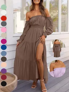 2026 Women's Boho Sexy Off Shoulder Long Sleeve Smocked High Waist Side Split Flowy A Line Tiered Long Maxi Dress
