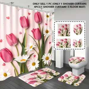 [Popular Choice] 1pc/4pcs, bathroom curtains shower, bathroom set, Aesthetic Flower Shower Curtain set, shower curtains, bathroom rug, home decor, bathroom mat, tulip and daisy pattern, cute themed decoration, bathroom set with 12 hooks.