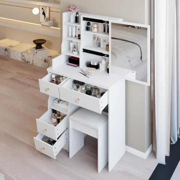 Compact Vanity Desk with Drawer & Cushioned Stool, Large Sliding Mirror, Multi-Layer Storage Shelves, Space-Saving Makeup Dressing Table for Bedroom, Closet, Apartment