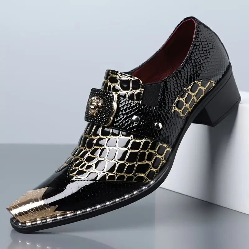 DINAOR Men's Vintage Grid Pattern Leather Formal Dress Shoes - Pointed Toe Mid-Heel Slip-On, Waterproof Ankle Cuban Shoes for Work, Business Occasions