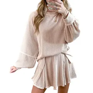 Mntaor Womens Winteroutfit Jet Stream Corded Lantern Sleeve Top High Waist Ruffled Mini Skirt Set - Ruffled Mini Skirt, Fashionable Design, Womenswear