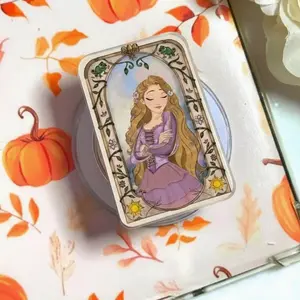 Aesthetic Tower Princess Long Hair Phone Grip, Vintage Golden Hair Maiden Griptok, Lost Princess Sun Emblem Holder, Art Nouveau Floral Frame Stand, Purple Dress Girl Accessory, Gift for Her
