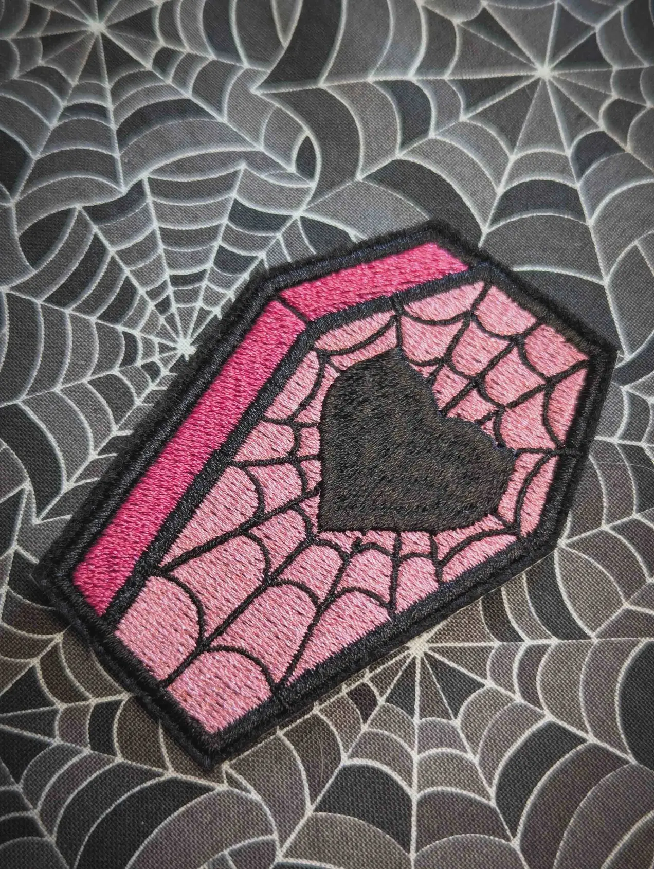 Pink Coffin Spider Heart Iron On Patch