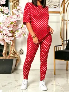 Women's New Round Neck Short Sleeve T-Shirt 2-Piece Set, Polka Dot Design, Yoga Tight Sports Pants, Elastic Knit Material, Versatile Fashion, Athleisure Summer Clothes