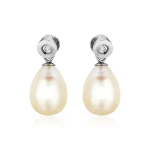 Sterling Silver Earrings with Pear Shaped Freshwater Pearls and Cubic Zirconias