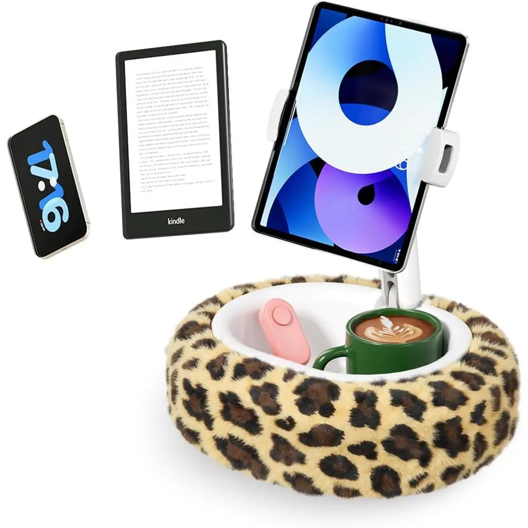 Kindle Pillow Stand with Leopard Print - Soft Tablet Holder with Snack Bowl & Cup Holder, Fuzzy Hands-Free Stand for Bed, Couch, Compatible with Kindle, iPad, Phones (Leopard)