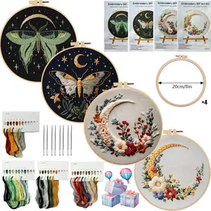 2026 Elegant Butterfly Moon Beginner Embroidery Kit, DIY Cross Stitch Set with Pre-Printed Cotton Fabric, Color Threads & Needles Included, Easy DIY Craft Art Supplies for Home Decor, Relaxation, Creative Hobby & Perfect Gift Idea