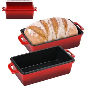 9x5 Inch Enameled Cast Iron Loaf Pan with Lid, Perfect Bread Baking Pan| Even Heat Distribution for Homemade Bread, Cake, Meatloaf,2 Piece set,Red