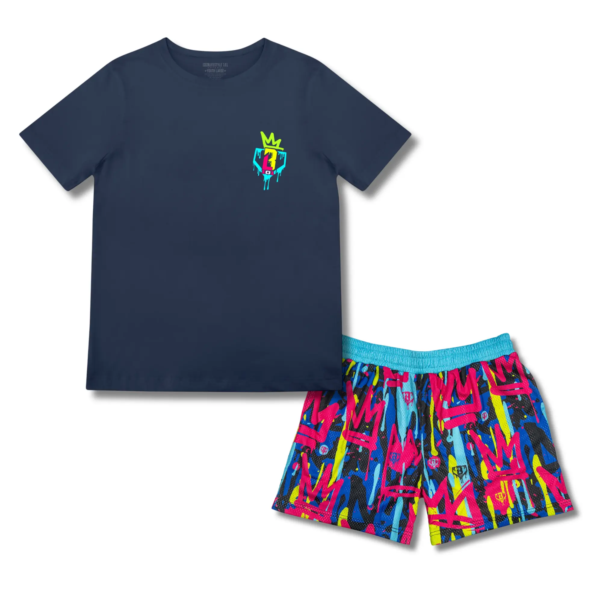 Baseball Lifestyle 101 Graffiti Crown Baseball Tee & Mesh Shorts Set | Summer Athletic Outfit for Youth & Adults
