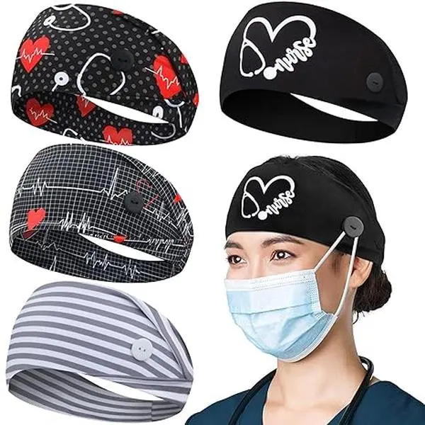Headbands with Button for Mask, Wide Nurses Headbands Non Slip Elastic Ear Protection for Women Men Doctors Sweatband Head Wrap (BUTTON- 4 PACK COLOR07)