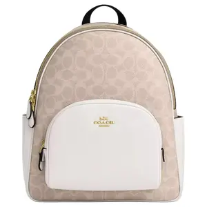 Coach Court 27 Logo Zip-Top Coated Canvas Backpack for Women, Large Size, Gold Sand and Chalk