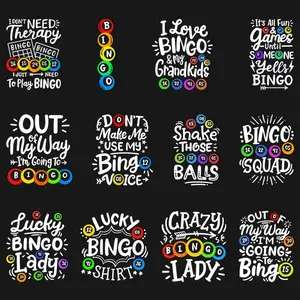 NNMM Bingo Iron on Transfer Stickers 12 Sheets Colorful Vinyl Decals with Fun Phrases and Playful Fonts for T Shirts Pillows Clothes Durable Heat Transfer Easy to Apply Design