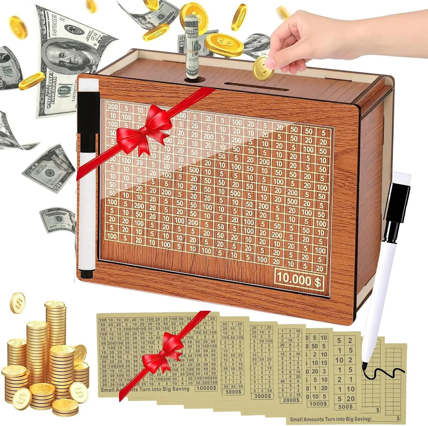 Money Saving Box Piggy Bank for Adults Kids 10000 Savings Challenge Box Money box Wooden Reusable Savings Box With $10000 5000 3000 2000 1000 500 Target Best Gift for Kids Adult Friends(8Sheets,Brown)