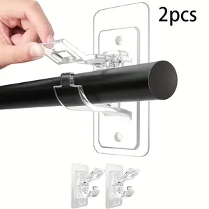 2-Pack No Drill Curtain Rod Holders, Self Adhesive Hooks, Wall Mountable, Multipurpose Nail-Free Stick-On Rod Holders, Decorative Bathroom Accessories, Wall Mounted Holder