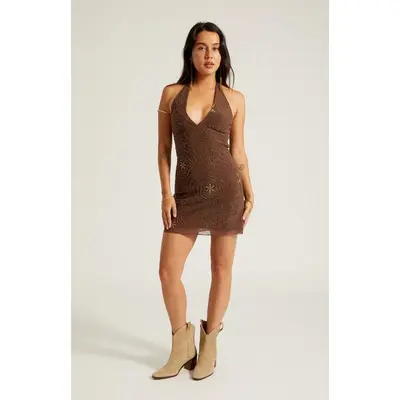 brown mini dress amazon Soft-Jersey Boat-Neck Draped Mini Dress in Chocolate Brown - XL
