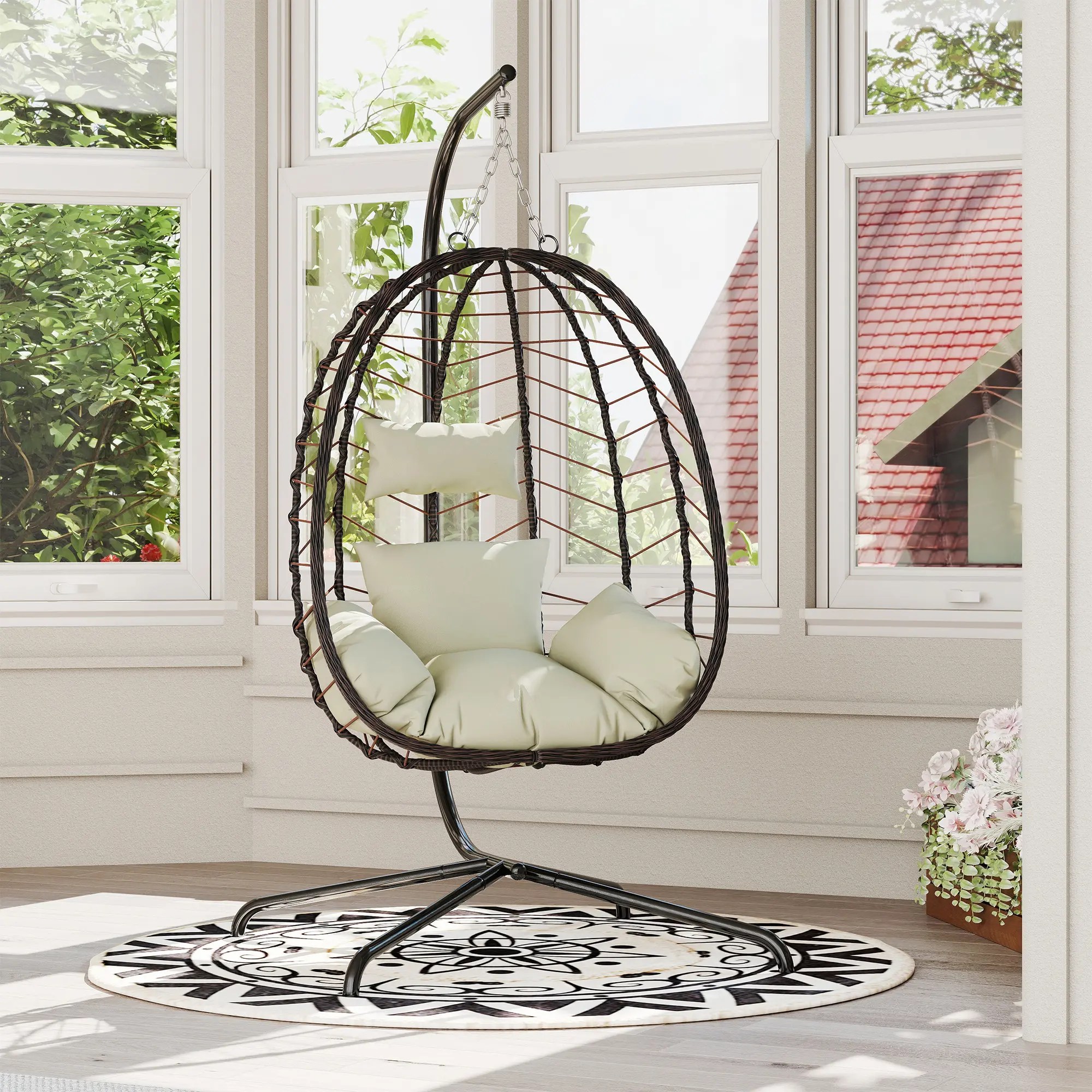 Hanging Egg Chair with Stand – Handwoven Rattan Patio Swing with Cushion, 350lb Capacity – Indoor/Outdoor Chic for Patio, Garden & Poolside summerwins