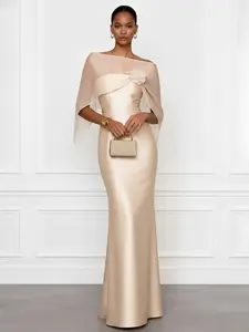 Apricot 3D Floral Satin Boat Neck Short Sleeve Sheath Gown Cocktail Dress Formal Wear Womenswear