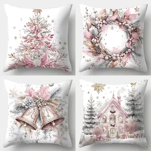 4pcs, Christmas Pink Pillow Covers, Wreath, Christmas Tree and House Pattern Designs, Home Décor Products, Cushion Cover Decoration for Couch Sofa, Room Decor and Bedroom Decor, Single Sided Printing, No Pillow Core