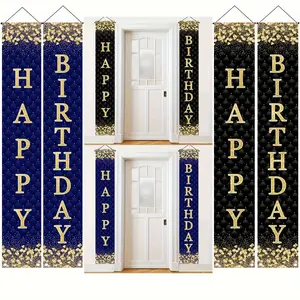Happy Birthday Black And Golden Plaid Door Curtain, Polyester Hanging Decor, Home Anniversary Decor for Birthday Party