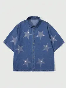 Men’s shirts - Men Star Pattern Denim Short Sleeve Button Up Shirt Casual Streetwear shirts for men men's clothing summer mens clothing spring and summer clothes vacation clothing summer outfits mens clothing summer men clothes vacation clothes Menswear