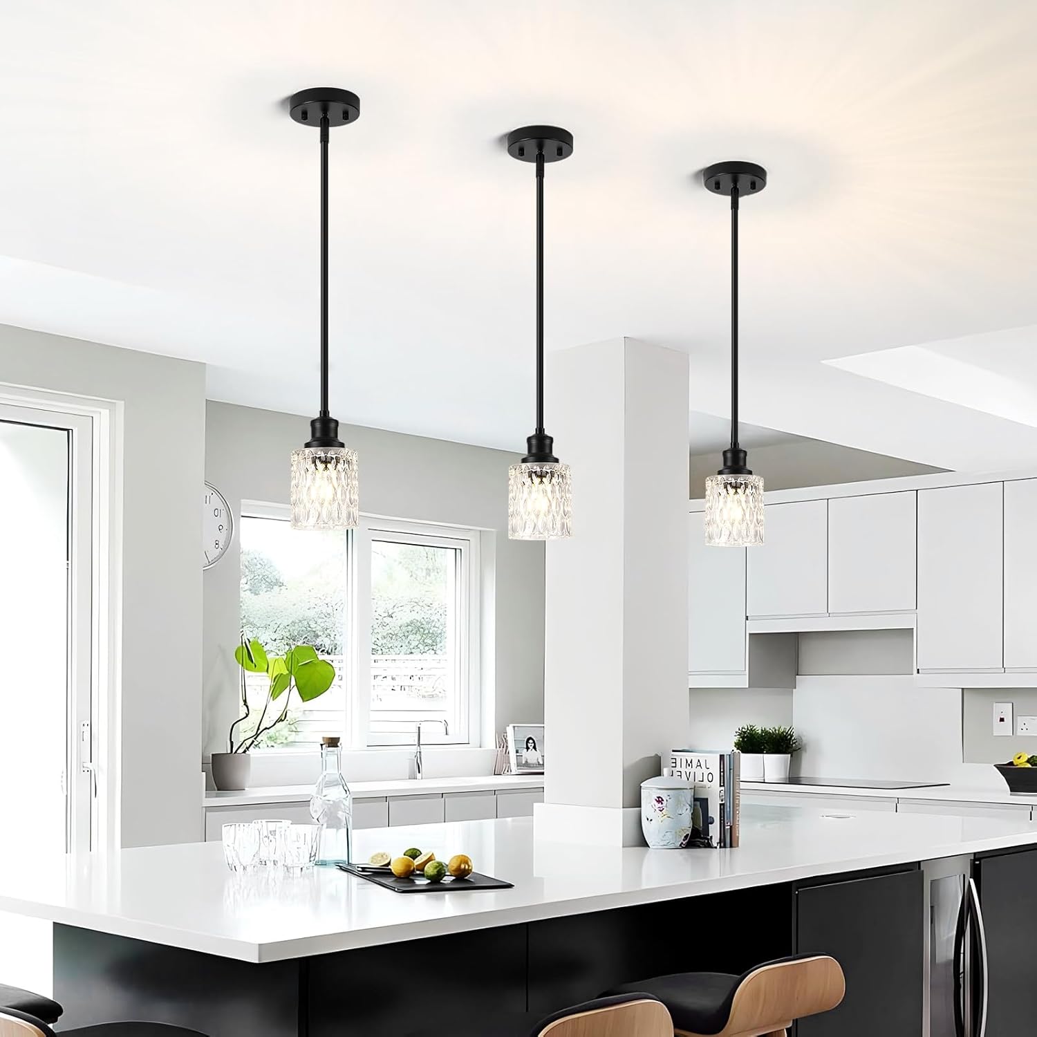 Glass Pendant Lights Kitchen Island, 1-Light Modern Black Mini Pendant with Drum Glass & Rods, Mini Hanging Light for Kitchen Sink Dining Room Bathroom