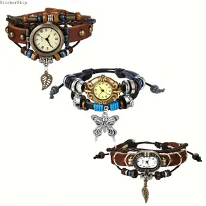 2026 NEW HOT Vintage Casual Ethnic Analog Quartz Watch, Faux Leather Cord Multi-Layer Wrap Bracelet Watch with Pendant for Women, Christmas Birthday Gift