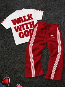 Fashion Street Style Casual Sporty Print Round Neck T-Shirt Set with Striped Sweatpants Two-Piece for Summer