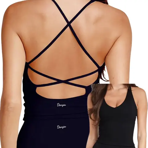 Danysu Sculpt Workout Tank Tops Women Backless Longline Sports Bras Strappy Padded Yoga Top