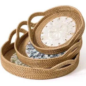 Round Rattan Tray Set (3-Piece) with Mother of Pearl Inlay & Wooden Base| Decorative Wicker Serving Basket| for Coffee, Bread, Fruit| Table, Island
