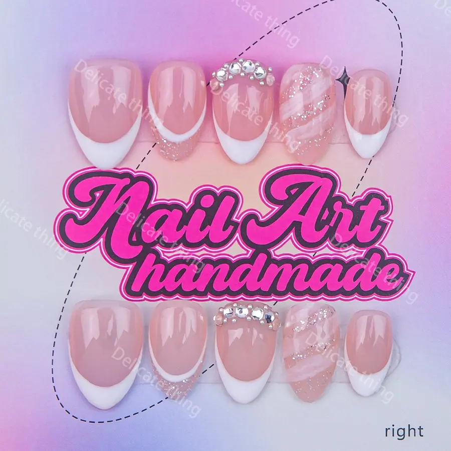 Delicatething Y2K Style Short Fat Nail Tips, Handmade Nail Art Press On Wearable Fake Nails, 4 Sizes XS S M L, Perfect Gift for Girls, Includes Jelly Glue Crystal Stick and File, Nail Designs