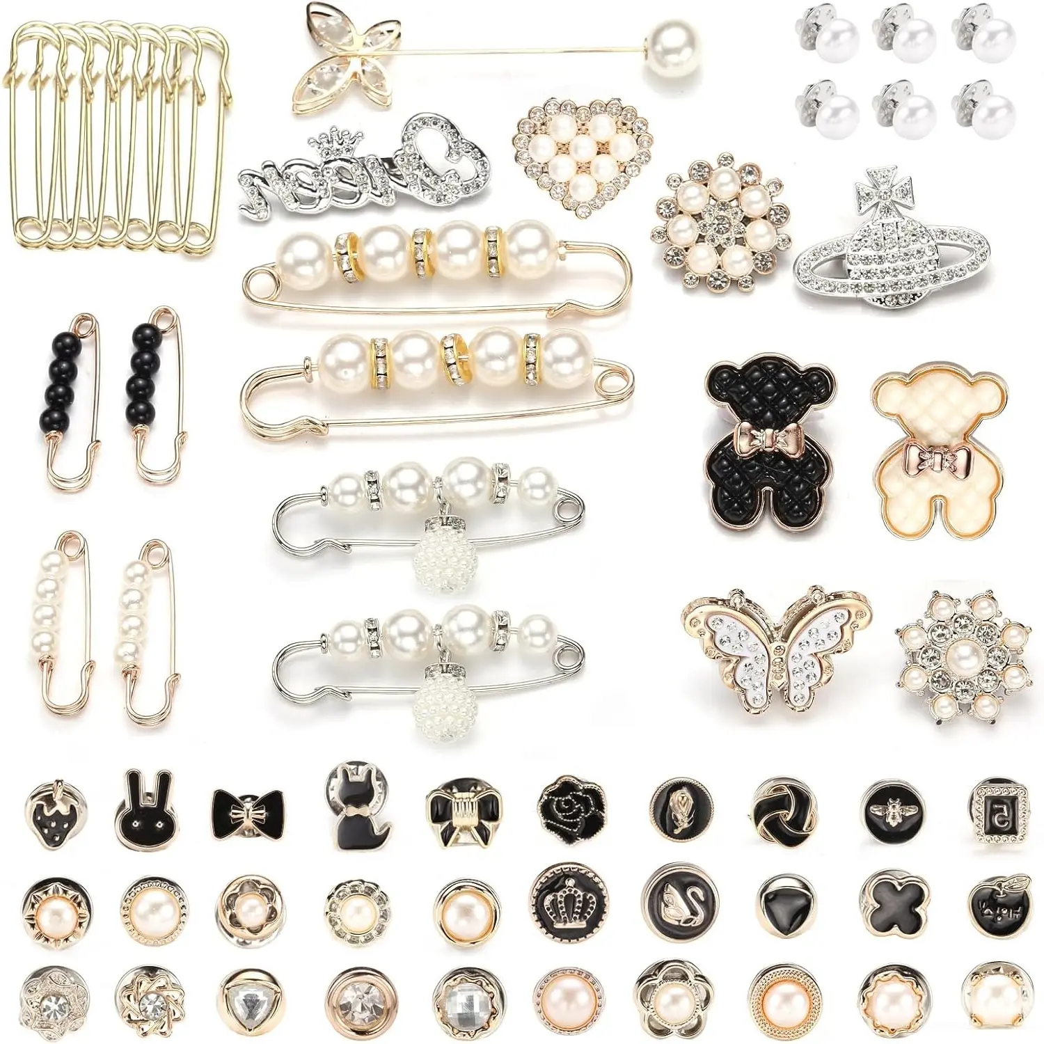 X-BY12 Charms for Socks Shoes,60pcs Bling Brooches and Safety Pins for Women,Pearl Charm Brooch Sock Shoe Pin Making Gold Jewelry Accessories (Gold)
