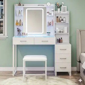Vanity Desk with Mirror and LED Lights, 57.5" Makeup Vanity with Glass Top, Vanity with RGB Drawers, Power Outlet Safety Switch for Bedroom, White