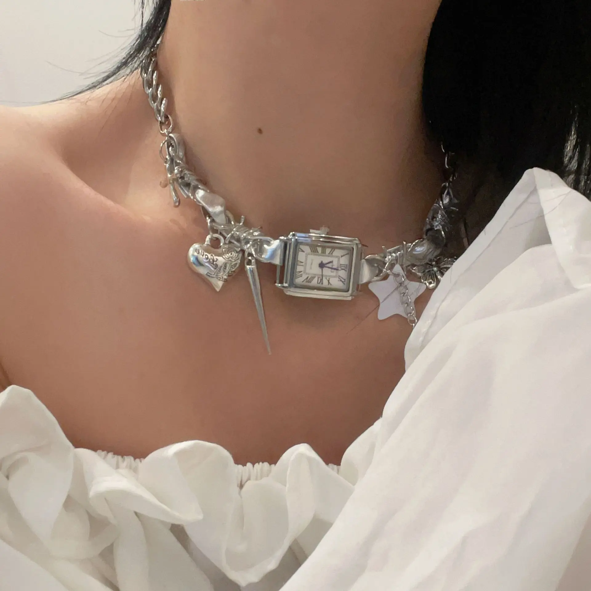Niche Silver Leather Patchwork Watch Pendant Necklace