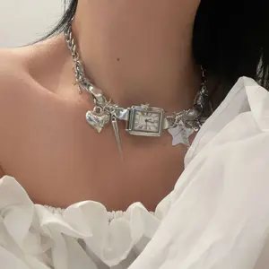 Niche Silver Leather Patchwork Watch Pendant Necklace