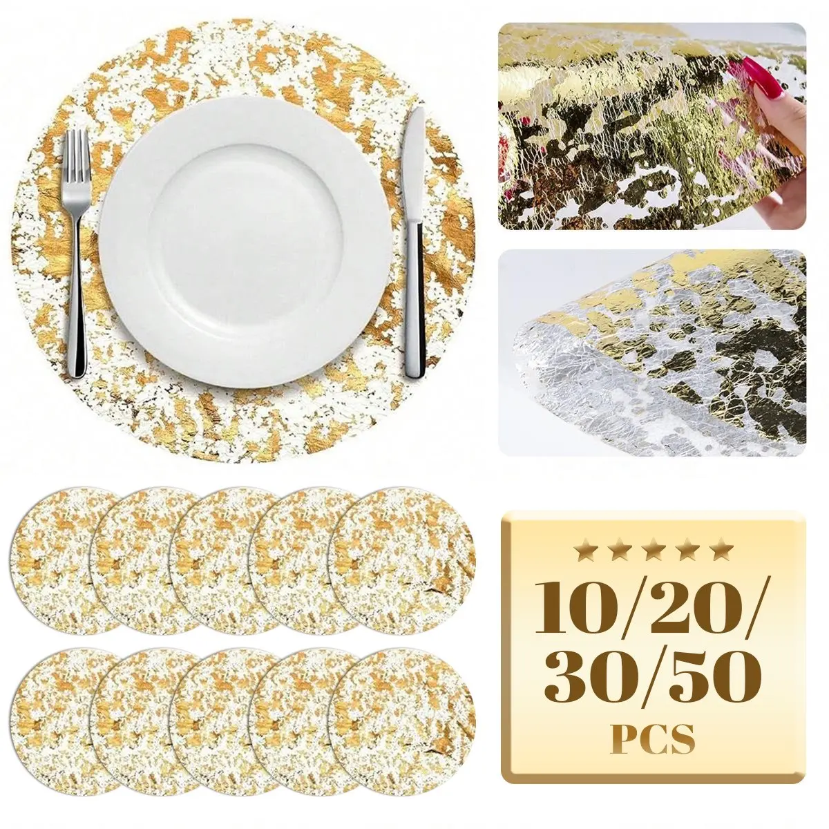 Disposable Placemat Set, 13-Inch Round Gold Foil Mesh Luxurious Shimmer Design, Perfect for Weddings Birthdays Parties, Durable & Stylish, Table Placemats
