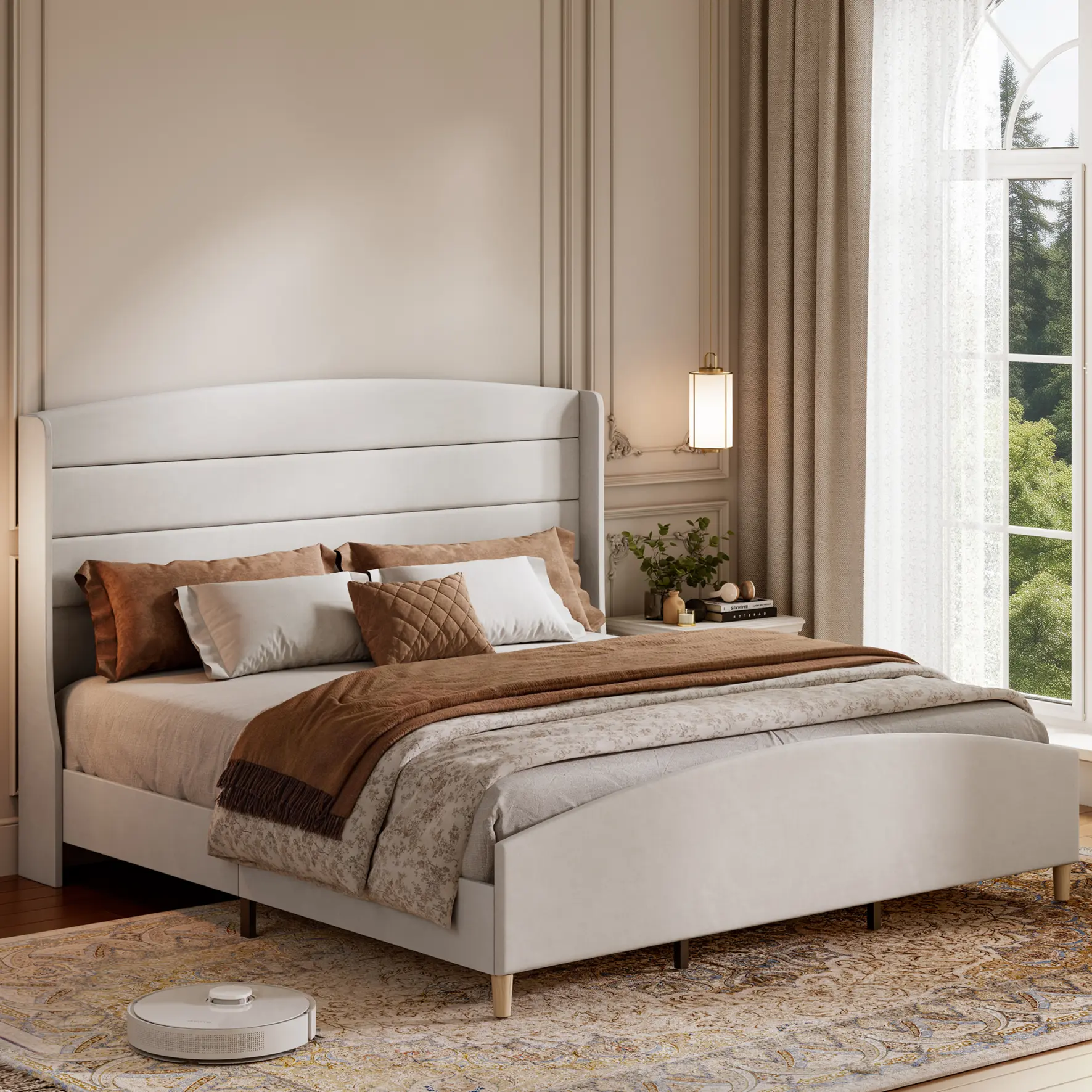 King Size Cream Upholstered Platform Bed, Soft Linen Material Featuring 51.6 Inch Wingback Headboard & Raised Footboard, Stable Wood Support Noise-Free Easy Assembly Bed Frame