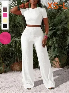 Spring Summer Fashion Womenswear Casual Everyday Solid Color Fitted Round Neck Women's Home Set, Comfortable Short Sleeve Top + Long Pants 2 Piece Set Outfit